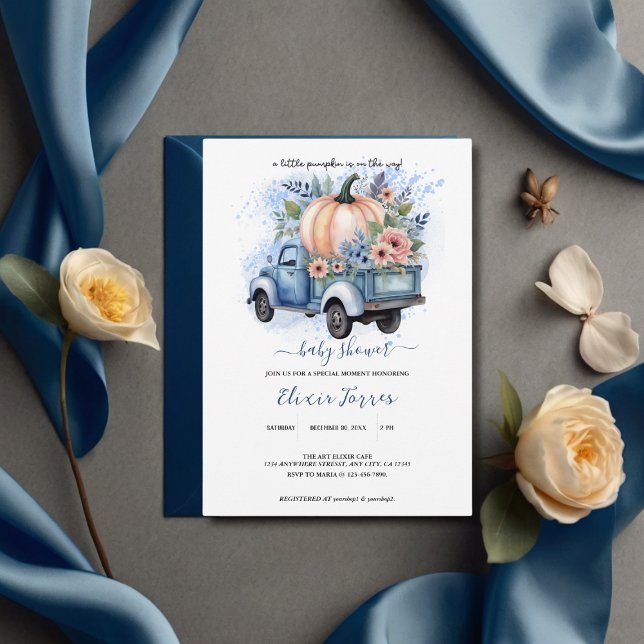 A Little Pumpkin Truck Blue Watercolor Baby Shower Invitation (Creator Uploaded)