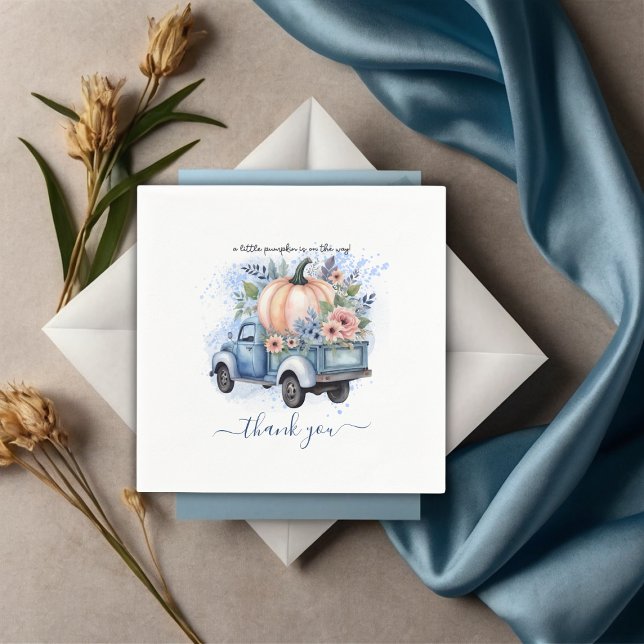 A Little Pumpkin Truck Blue Watercolor Baby Shower Napkin (Creator Uploaded)