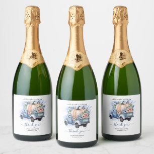A Little Pumpkin Truck Blue Watercolor Baby Shower Sparkling Wine Label