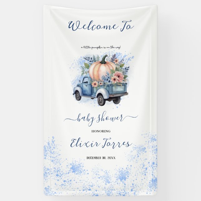 A Little Pumpkin Truck Watercolor Baby Shower Banner (Vertical)