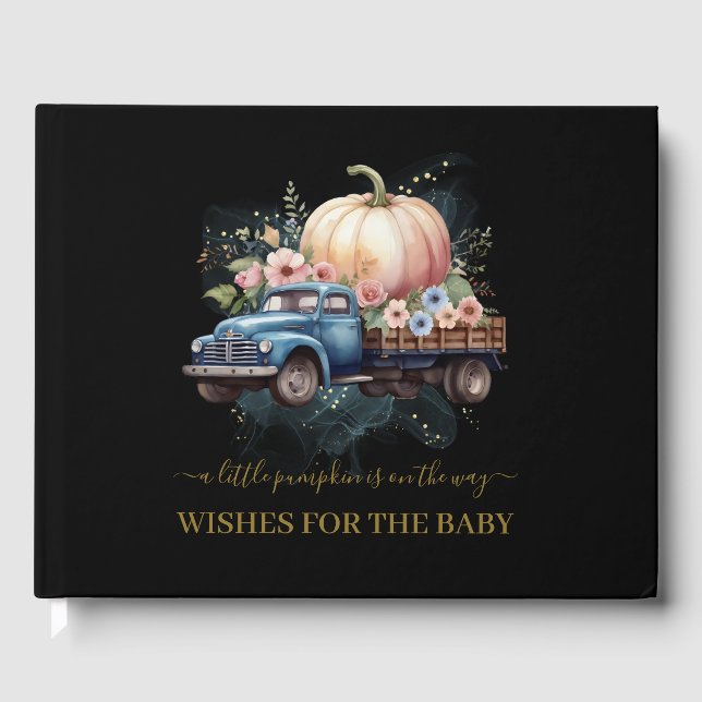 A Little Pumpkin Watercolor Truck Baby Shower Guest Book (Front)