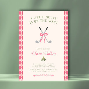 A Little Putter Golf Theme Preppy Pink Argyle Girl Invitation