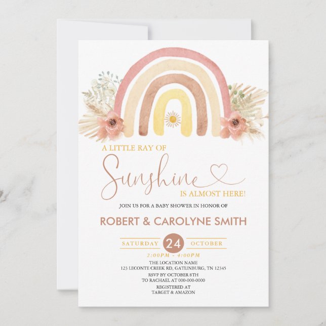 A Little Ray of Sunshine Boho Rainbow Baby Shower Invitation (Front)