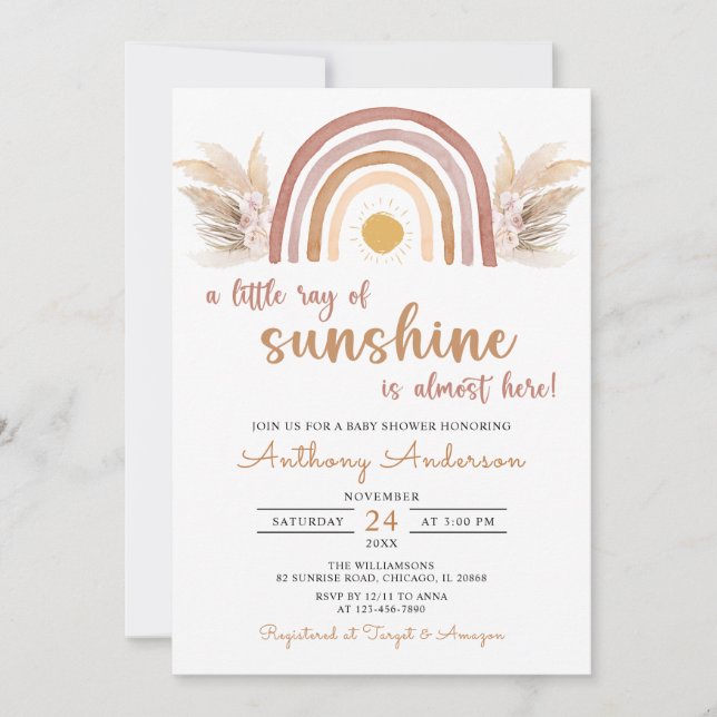 A Little Ray of Sunshine Boho Rainbow Baby Shower  Invitation (Front)