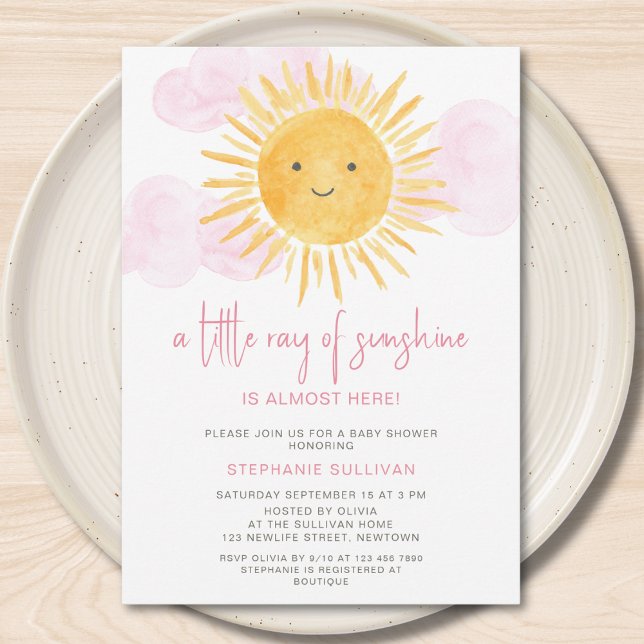 A Little Ray of Sunshine Pink Clouds Baby Shower Invitation (Creator Uploaded)