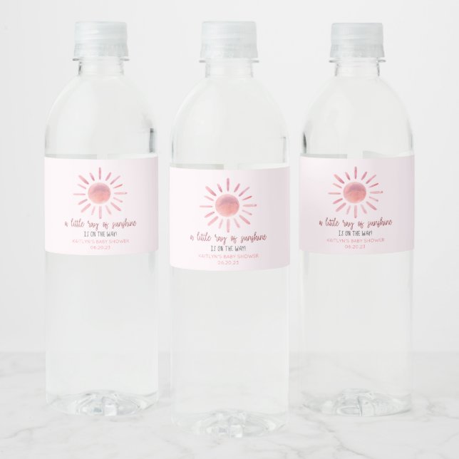 A Little Ray Of Sunshine Pink Sun Baby Shower Water Bottle Label (Bottles)
