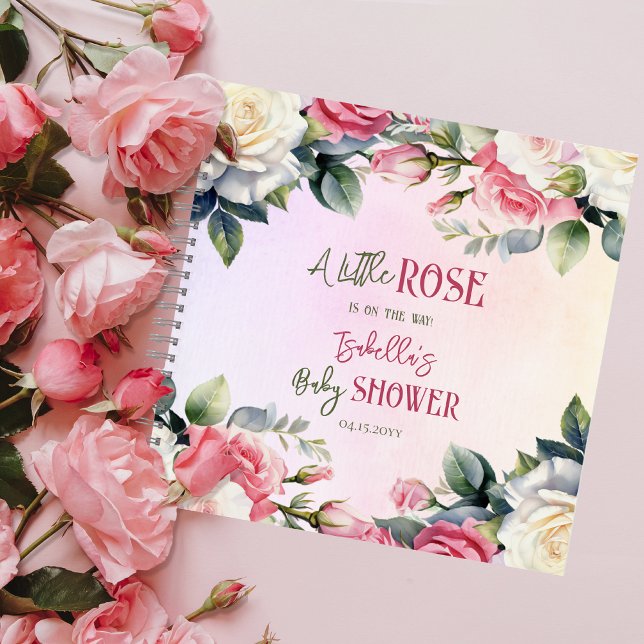 A Little Rose Floral Girl Baby Shower Guest Book (A Little Rose Is On The Way Pink Rose Bouquets Girl Baby Shower Guest Book Notebook --Damask Back)