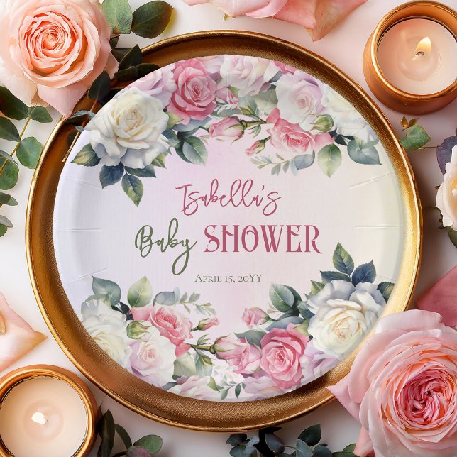 A Little Rose Floral Girl Baby Shower Paper Plate (Pink Rose Floral Bouquets Girl Baby Shower Large Round Paper Plates -- A Little Rose Collection)