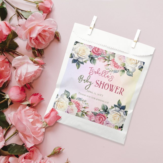 A Little Rose Floral Girl Baby Shower Thank You Favour Bags (A Little Rose Is On The Way Pink Rose Bouquets Girl Baby Shower Favor Bag )