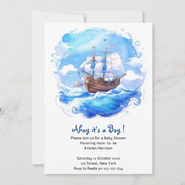 A Little Sailor's Arrival:Nautical Boy Baby Shower Invitation (Front)