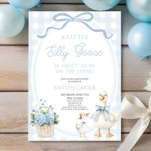 A Little Silly Goose Blue Bow Floral Baby Shower Invitation