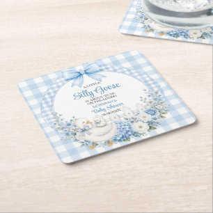 A Little Silly Goose Blue Cottagecore Baby Shower Square Paper Coaster