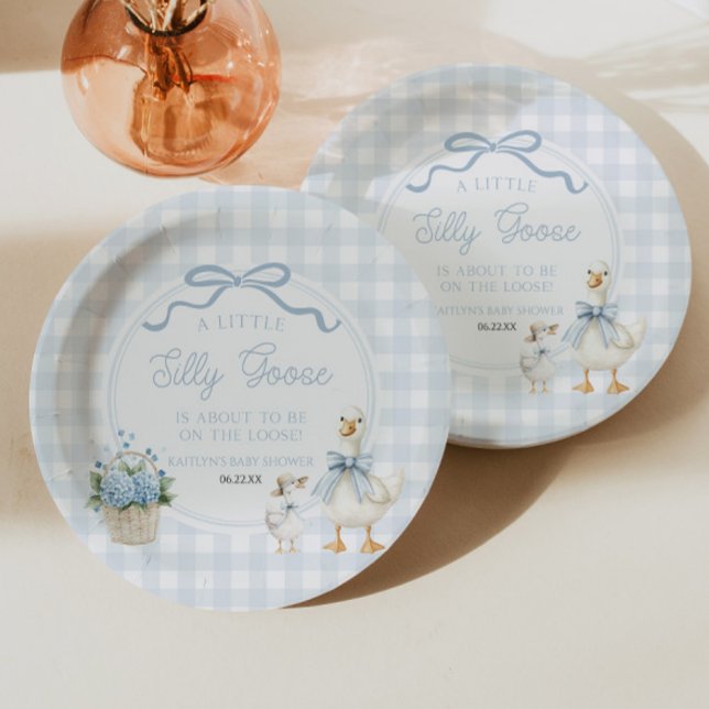A Little Silly Goose Blue Floral Bow Baby Shower Paper Plate (Creator Uploaded)