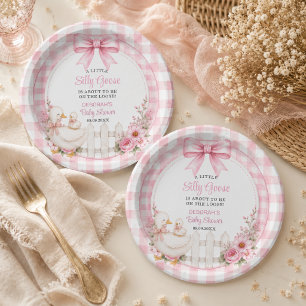 A Little Silly Goose Pink Cottagecore Baby Shower Paper Plate