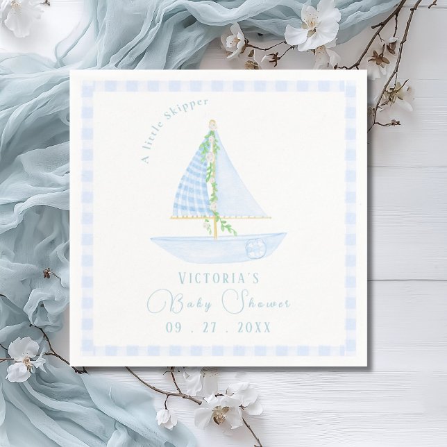 A Little Skipper Blue Plaid Modern Baby Shower Napkin (Creator Uploaded)