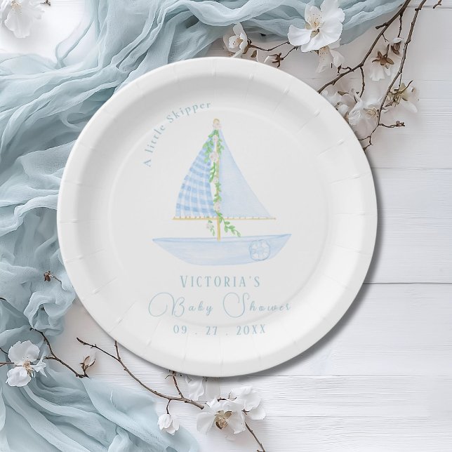 A Little Skipper Sailboat Blue Baby Shower Paper Plate (Creator Uploaded)
