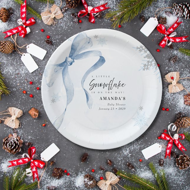 A little Snowflake Blue Bow Glitter Baby Shower  Paper Plate (Creator Uploaded)