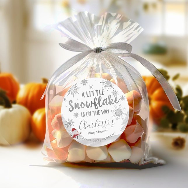 A little snowflake Grey Baby Shower Classic Round Sticker (Creator Uploaded)