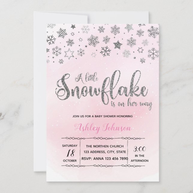 A Little Snowflake Is On Her Way word invitation (Front)