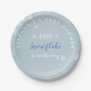 A Little Snowflake is on the way Blue Baby Shower Paper Plate
