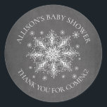A Little Snowflake Winter Baby Thank You Shower Classic Round Sticker<br><div class="desc">A Little snowflake is on the way design featuring a large white snowflake surrounded by smaller snowflakes set on a chalkboard background.  Visit our shop to view our little snowflake collection.</div>