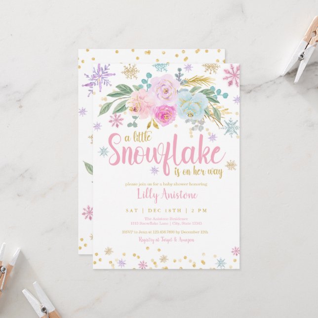 A Little Snowflake Winter Floral Baby Girl Shower Invitation (Front/Back In Situ)