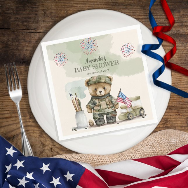 A Little Soldier Boy Teddy Bear Baby Shower Napkin (Creator Uploaded)
