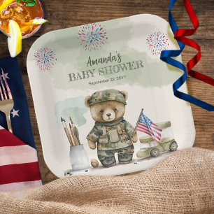A Little Soldier Boy Teddy Bear Baby Shower Paper Plate