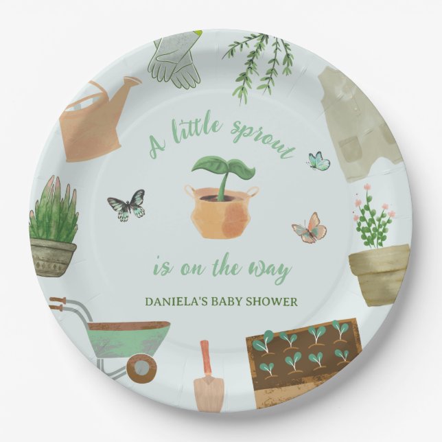 A Little Sprout Gardening Plant Baby Shower Paper Plate (Front)