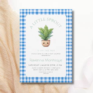 A Little Sprout Plant Blue Gingham Baby Shower Invitation