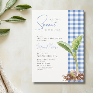 A Little Sprout Plant Blue Gingham Baby Shower Invitation