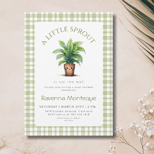 A Little Sprout Plant Green Gingham Baby Shower Invitation