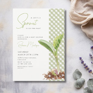 A Little Sprout Plant Green Gingham Baby Shower Invitation