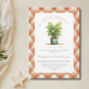 A Little Sprout Plant Orange Gingham Baby Shower Invitation