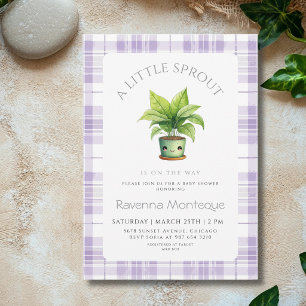 A Little Sprout Plant Purple Gingham Baby Shower Invitation