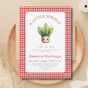 A Little Sprout Plant Red Gingham Baby Shower Invitation