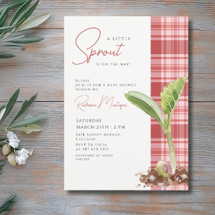 A Little Sprout Plant Red Gingham Baby Shower Invitation