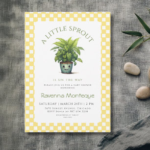 A Little Sprout Plant Yellow Gingham Baby Shower Invitation