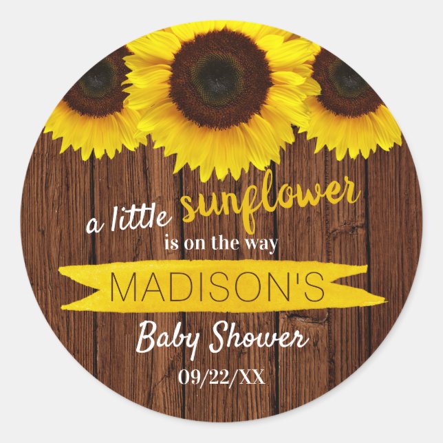 A Little Sunflower Is On The Way! Baby Shower Classic Round Sticker (Front)