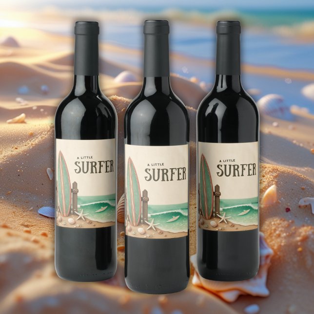 A Little Surfer Vintage Baby Shower Wine Label (Creator Uploaded)