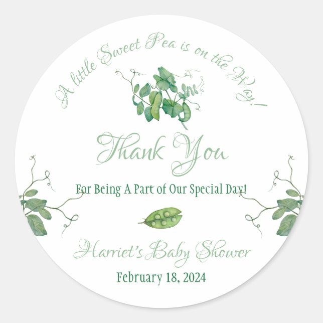 A Little Sweet Pea is on the Way!  Baby Shower Classic Round Sticker (Front)