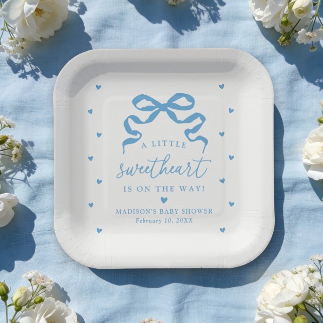 A Little Sweetheart Blue Bow Baby Shower Paper Plate (Creator Uploaded)