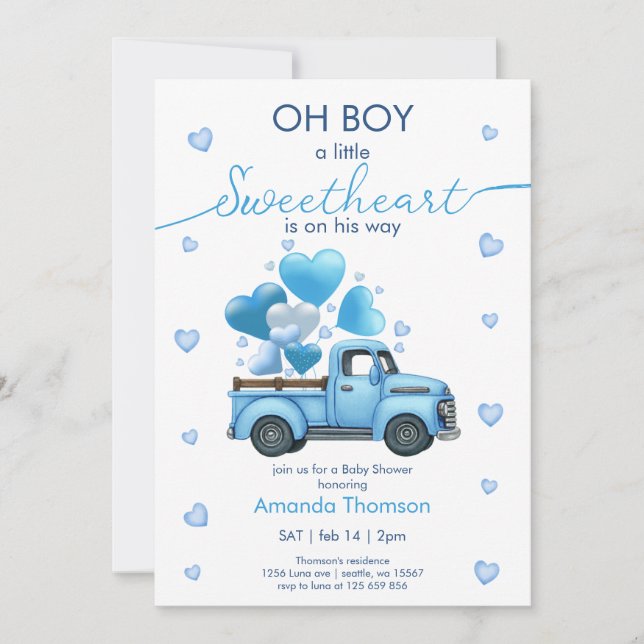 A little Sweetheart blue Truck Baby Shower Invitation (Front)