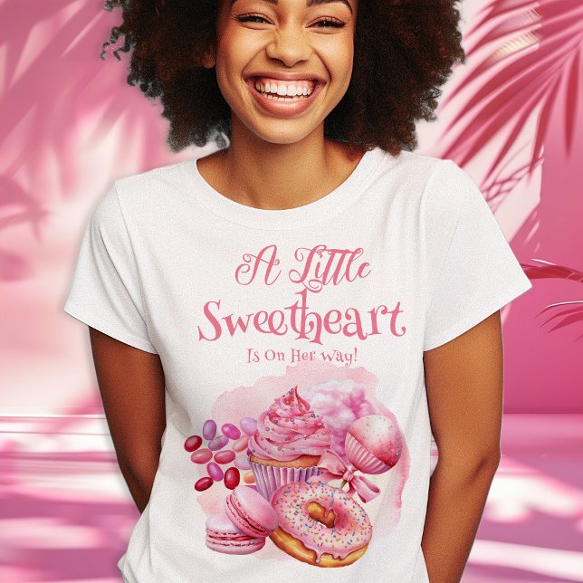 A Little Sweetheart Candy Frame Girl Baby Shower T-Shirt ("A Little Sweetheart Is On Her Way" Pink Candy and Treats Girl Baby Shower Woman's T-Shirt)