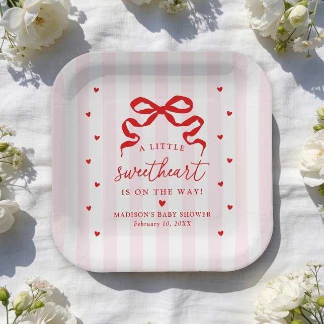 A Little Sweetheart Pink and Red Bow Baby Shower Paper Plate (Creator Uploaded)