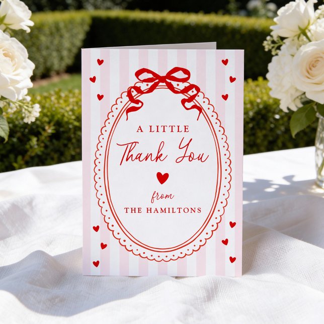 A Little Sweetheart Pink and Red Bow Baby Shower Thank You Card (Creator Uploaded)