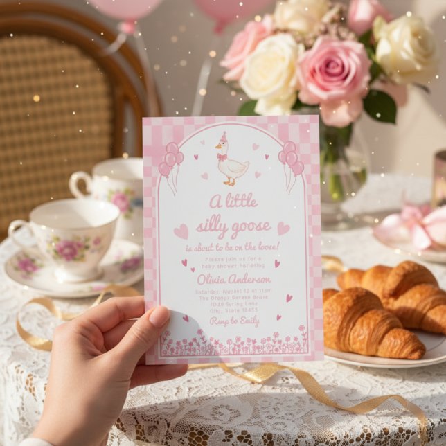 a little sweetheart pink goose gingham floral girl invitation (Creator Uploaded)