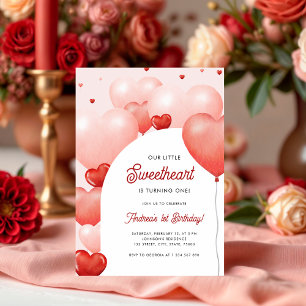 A Little Sweetheart Pink Red Balloons 1st Birthday Invitation