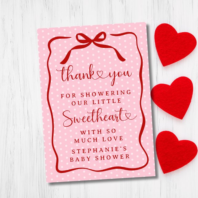 A Little Sweetheart Pink Red Bow Girl Baby Shower Thank You Card (Creator Uploaded)