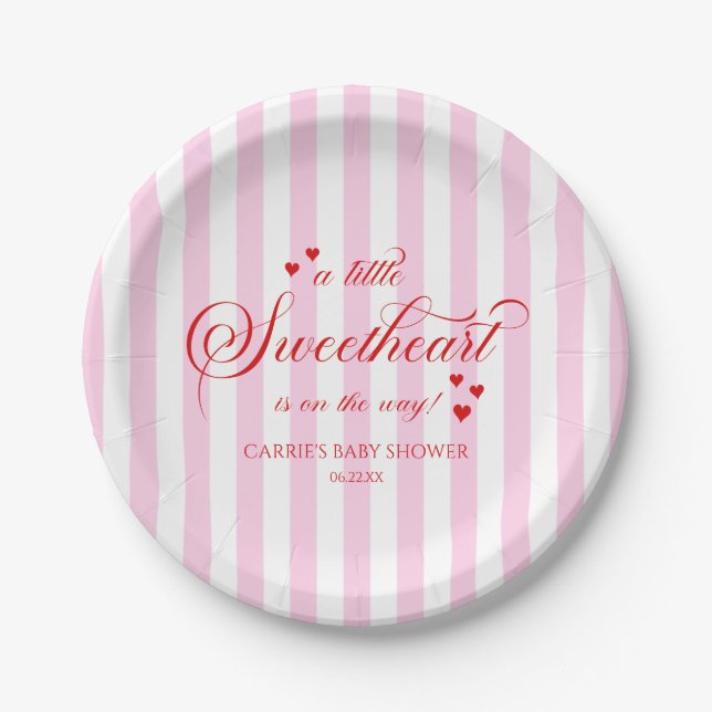 A Little Sweetheart Pink Red Hearts Baby Shower Paper Plate (Front)